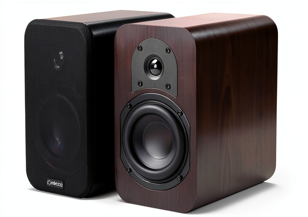 Micca RB42 speakers on a modern wooden desk