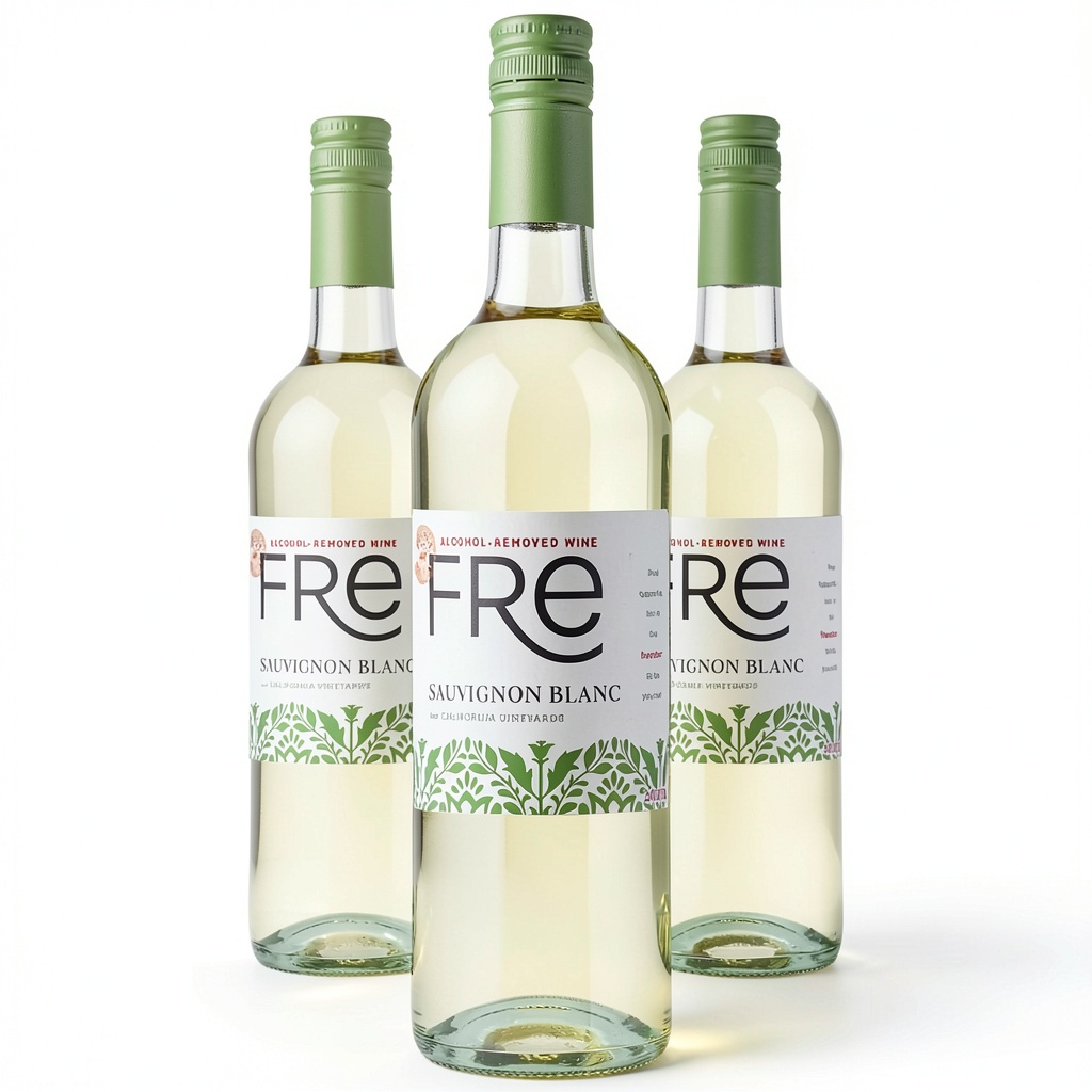 Fre Non-Alcoholic Sauvignon Blanc Wine bottle displayed on a dining table with seafood and salad pairings