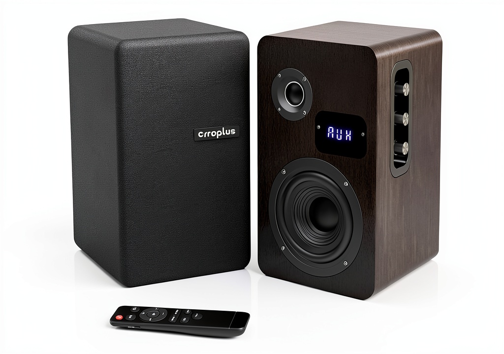 Orroplus powered bookshelf speakers on a wooden desk